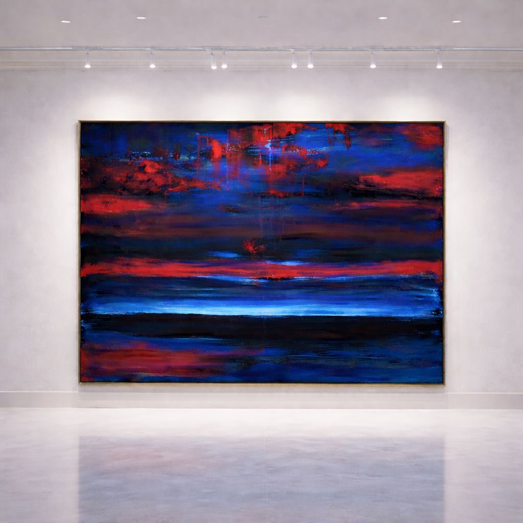 Abstraktes Werk mit blauem Horizont und Goldlinie